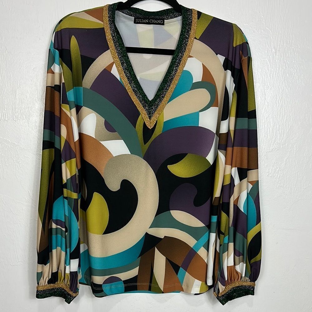 JULIAN CHANG Abstract Print V-Neck Long Sleeve Blouse Top Size L